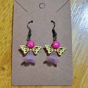 Cottagecore Pink Acrylic Flower Angel Earrings Gold Tone Butterfly Wings Fairy